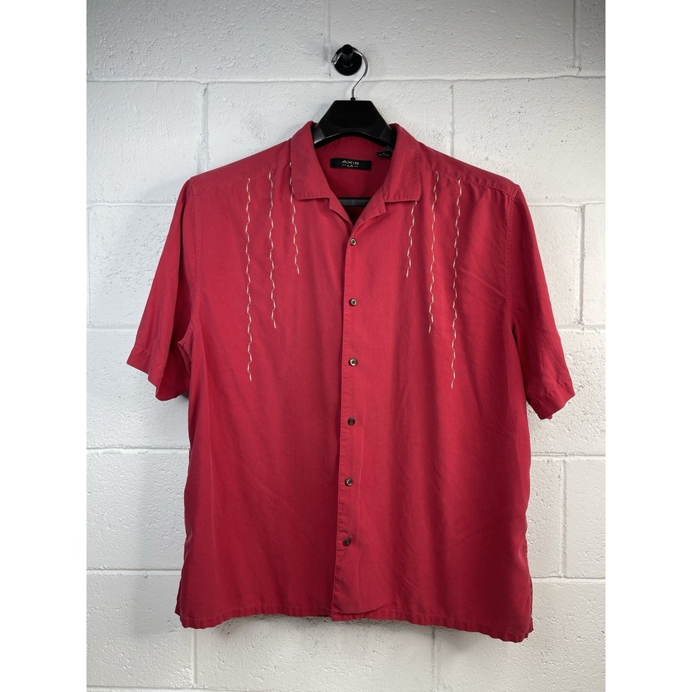 Axis LA Short Sleeve Button Up Shirt Men's XL Red 100% Silk Embroidered